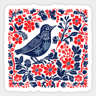 Blue and red Bird and Flowers Scandinavian Folk Art Sticker